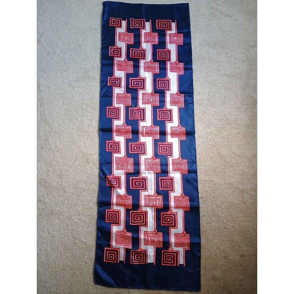 LADY HERITAGE Scarf Geometric Polyester Sillook Japan Red White Blue 15x46 VTG